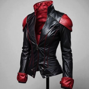 Black and Red Cosplay Leather Jacket, Fantasy Anime Costume, Gaming Warrior Steampunk Outfit Coat