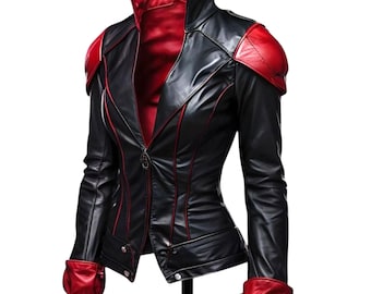 Chaqueta de piel sintética premium negra y roja – Chaqueta estilo streetwear anime, atuendo steampunk para cosplay, regalo estilo gótico motociclista para el Black Friday