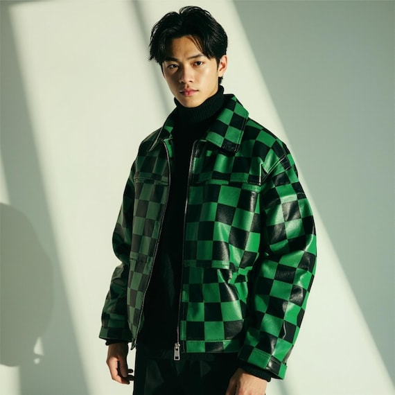 Black Friday Anime Inspired Green Checkered Faux Leather Jacket – Streetwear Bomber Costume – Unisex Cosplay Outfit with Free Wallet