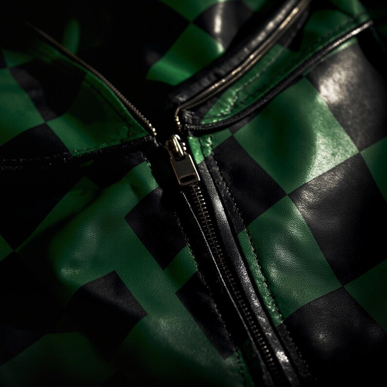 Puede incluir: Primer plano de una chaqueta a cuadros negros y verdes con cremallera plateada. La chaqueta est&aacute; hecha de un material similar al cuero y tiene un patr&oacute;n de tablero de ajedrez cl&aacute;sico. La cremallera est&aacute; cerrada.