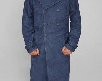 Cord Trenchcoat - Unisex Langer Blauer Vintage Wintermantel - Durchgeknöpfte Vollarmjacke für Casual & Streetwear