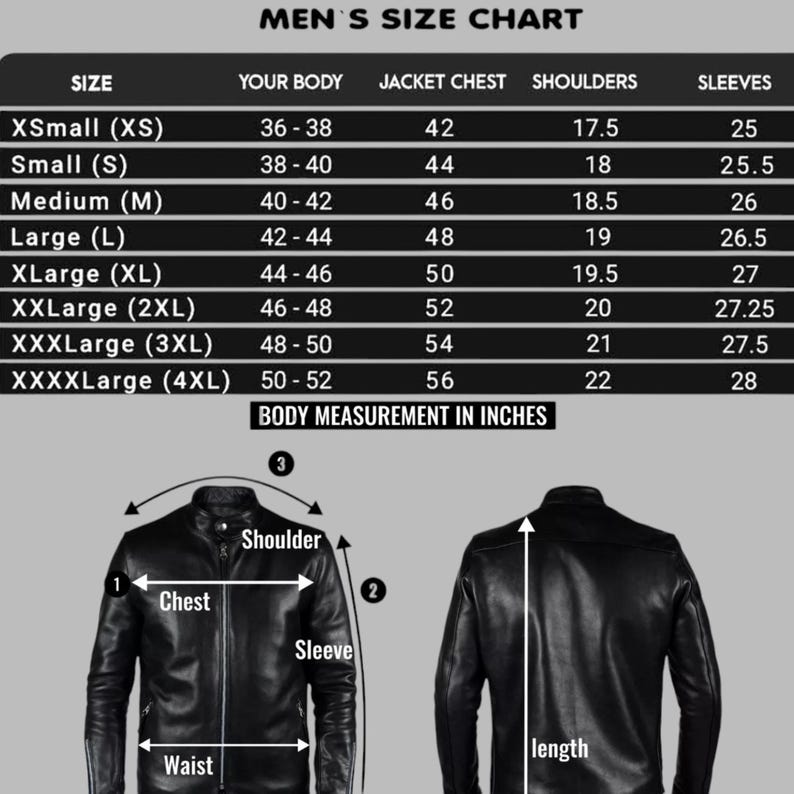 Puede incluir: Tabla de tallas de chaquetas, con medidas en pulgadas. La tabla incluye tallas desde XSmall hasta XXXXLarge, detallando medidas de pecho, hombros y mangas. Diagramas ilustran c&oacute;mo medir el pecho, la manga y el hombro para un tallaje preciso.