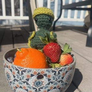 May include: A decorative ceramic bowl filled with a mandarin orange, strawberries, and a crocheted turtle figurine. The bowl has a blue, white, and orange floral pattern. The turtle is green with a yellow hat and backpack.