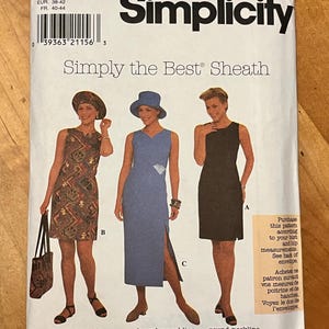 May include: Simplicity sewing pattern envelope featuring three sheath dress designs with notched, shaped V-neck, and round necklines. The envelope includes the text "Simply the Best Sheath" and size information.