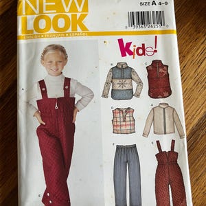 May include: A New Look sewing pattern envelope 6234 for kids size A 4-9. The front displays illustrations of children's clothing including a quilted jumpsuit, a zip-up vest, a long-sleeve top, and pants. The text includes New Look, Kids!, and BIN 143.