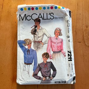 new vintage McCalls sewing pattern 7211, button front high neck ruffle western blouse, top  size 14 misses, bust 36”