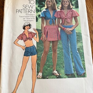 Simplicity 6352 sewing pattern vintage 1974 midriff tie front daisy duke top, shorts, skirt, hip hugger pants size 10, bust 32 1/2”