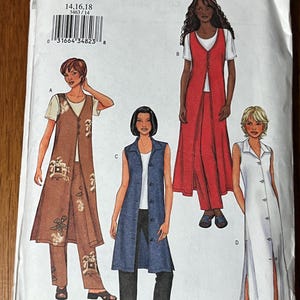 May include: Butterick sewing pattern 3463, labeled Fast & Easy, featuring illustrations of four variations of sleeveless vests, tunics, and pants. The pattern envelope displays sizes 14, 16, and 18, showcasing designs in brown, red, blue, and white.