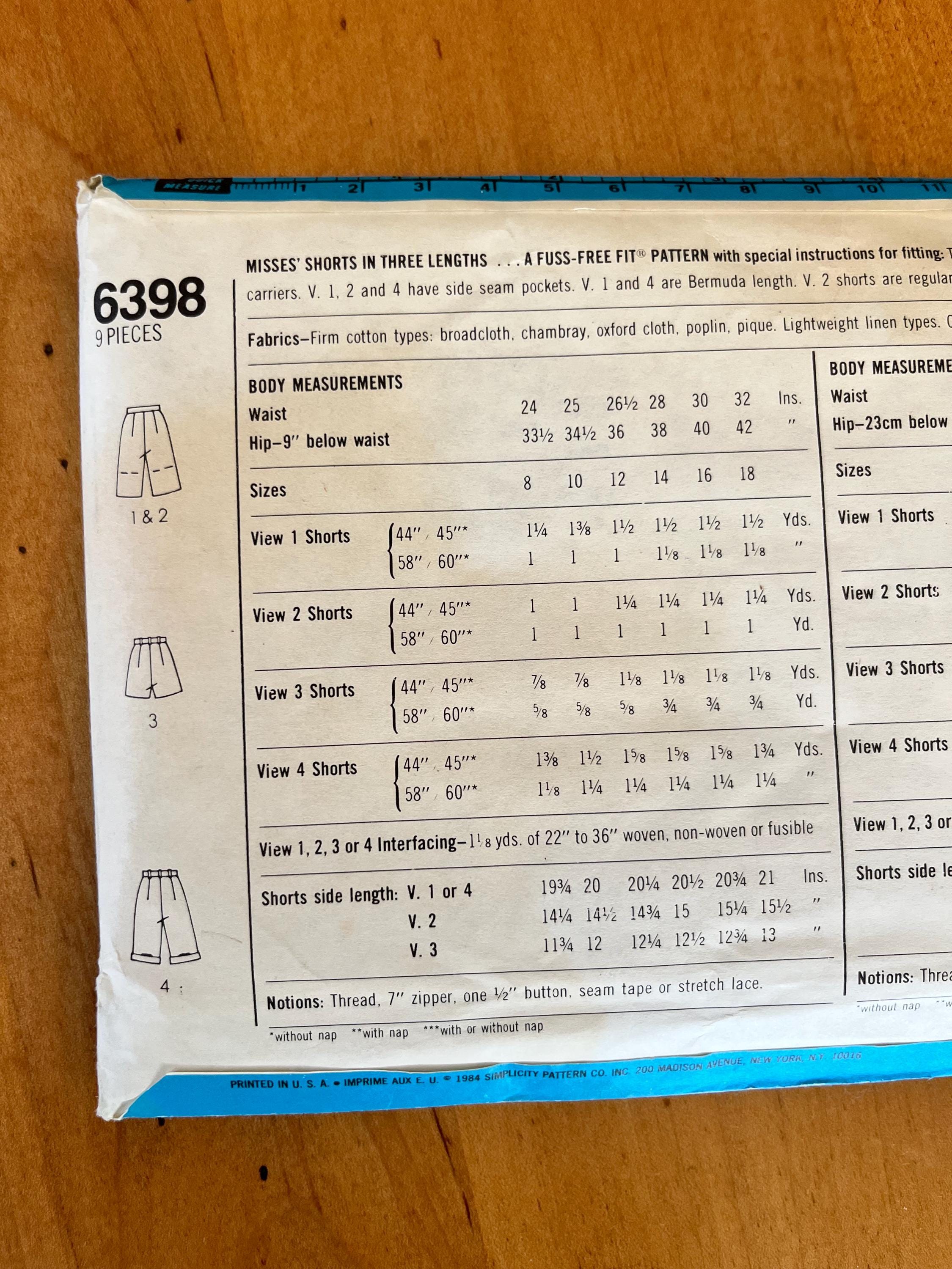 New Vintage Simplicity 6398 Sewing Pattern Shorts With Pleats, High ...