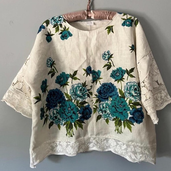 Maglietta personalizzata, top, camicetta ampia, mandami la tua tovaglia o il tuo lino vintage