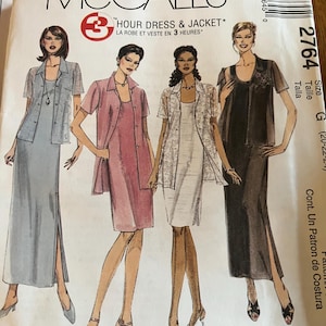 May include: A McCall's sewing pattern envelope for a 3 Hour Dress & Jacket, model number 2764, size G. The front features illustrations of four outfits in light blue, pink, white, and black, each consisting of a sleeveless dress and a matching jacket.
