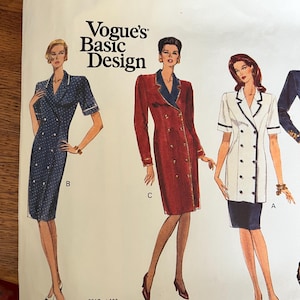 May include: Vogue's Basic Design sewing pattern featuring illustrations of three different dress designs. The dresses include a navy blue polka dot dress, a red double-breasted dress, and a white dress with a navy skirt. The pattern number is 2517 / 120.