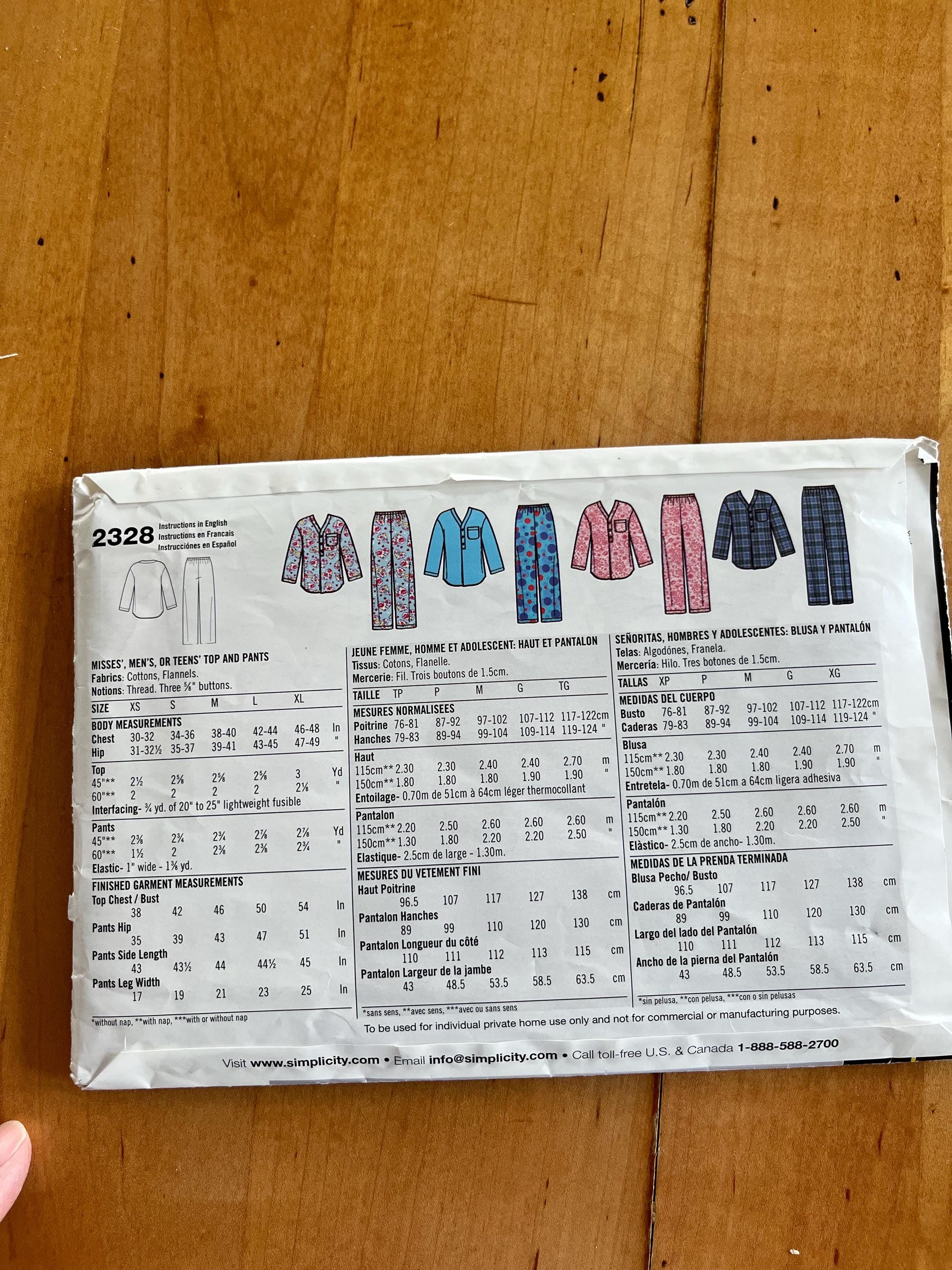 Simplicity 2328 Pajama Top and Bottom Pattern for Misses, Men or Teen ...
