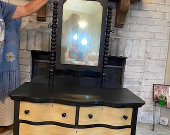 Antique Dresser with Harp Mirror | Vintage Painted Vanity | Two-Tone Black and Wood Dresser | Shipping included