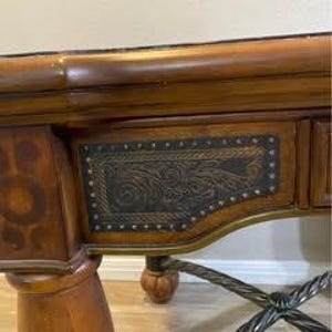 Refinished Ashley Furniture Mediterranean Side Table; Traditional Square Coffee; End Table with Ornate Iron Stretcher & Inlaid Top