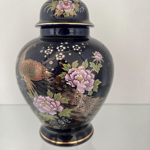 Gorgeous vintage Japanese made peacock and flower designed vase with lid