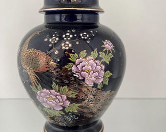 Gorgeous vintage Japanese made peacock and flower designed vase with lid