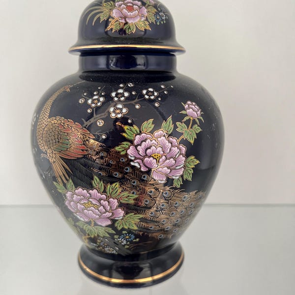 Gorgeous vintage Japanese made peacock and flower designed vase with lid