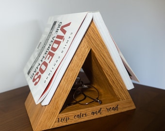 Nightstand Book Holder, oak, Personalized, Triangle Bookmark, Wooden book stand, Gift for Her, Gift for Him, Mothersday