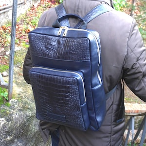 Italian dark blue backpack made in high quality italian calfskin leather crocodile embossed
