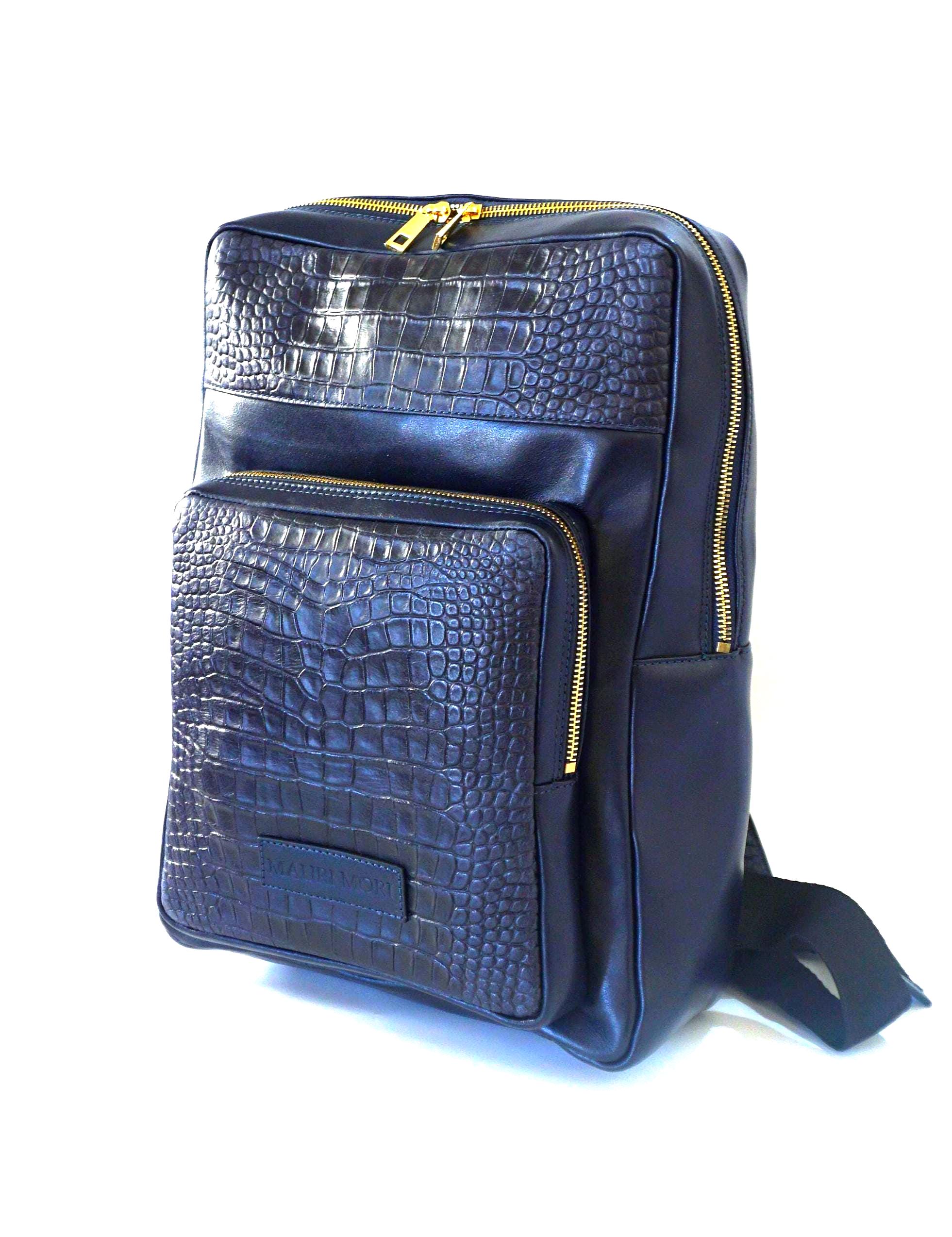 backpack in printed italian calfskin leather Italian Backpack Made in Calfskin Leather Crocodile Embossed Dark Blue  Colour