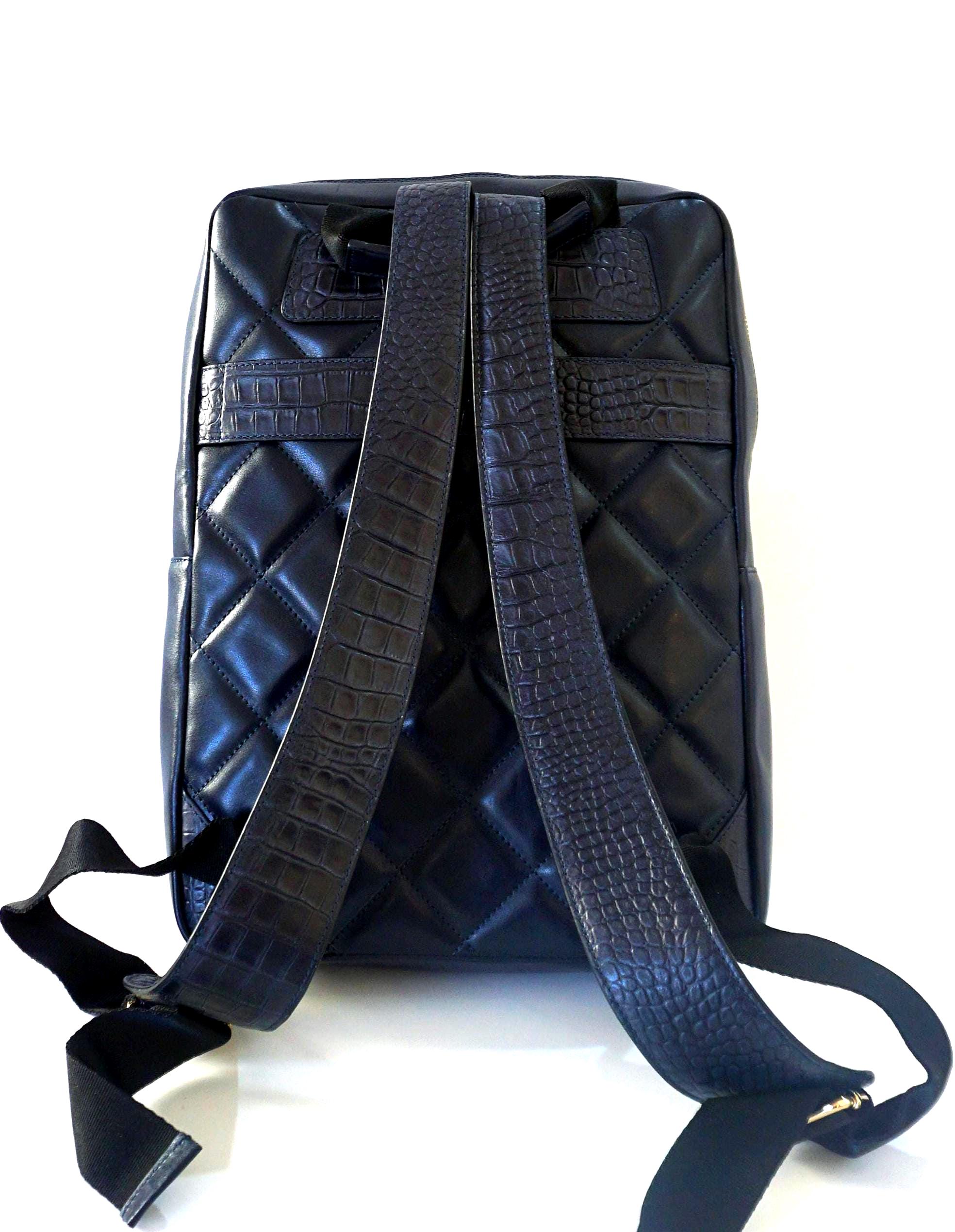 WOMENS BLUE CROC PRINT ITALIAN LEARHER BACKPACK Croc Print Leather Backpack with Gold Hardware Navy/Croc: 52235 main image 2