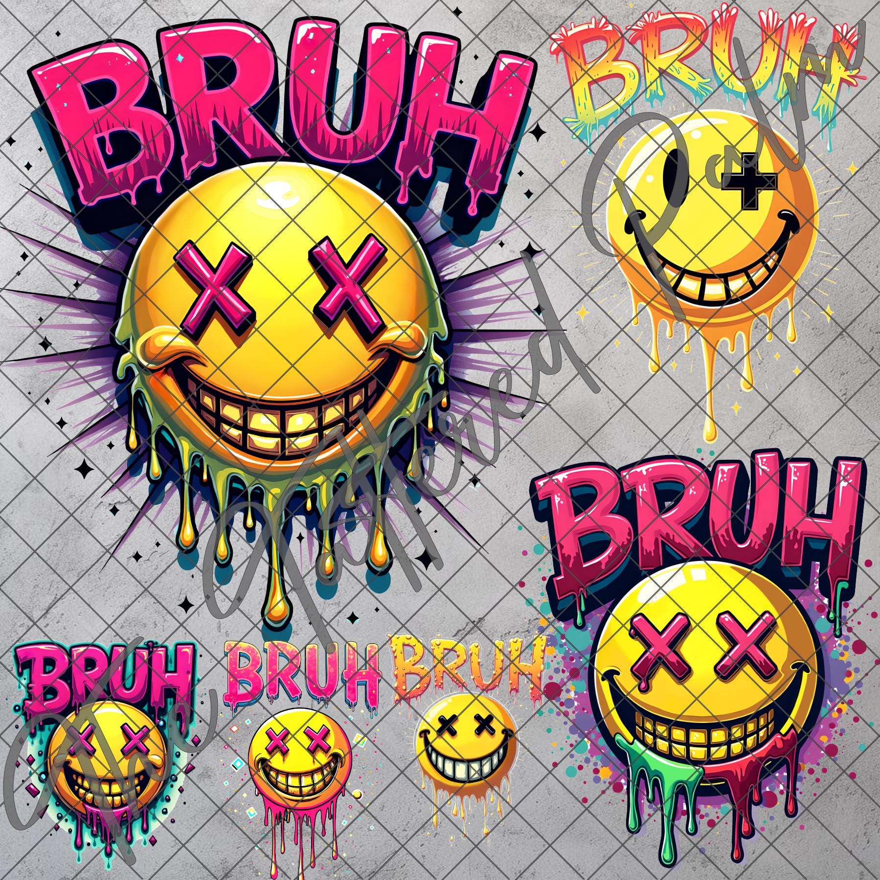 Drippy Smiley Face PNG Bundle, BRUH Streetwear Clipart Digital Download ...