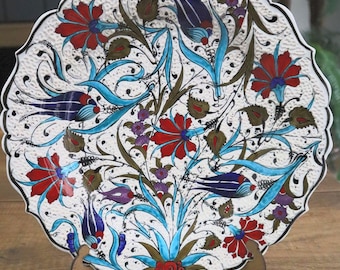 Plato de cerámica turca hecho a mano, arte mural floral otomano, decoración del hogar 11.8 pulgadas