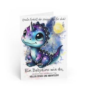 Dino Verjaardagskaart Sterrenmagie | Schattige baby-dino onder de sterren | Persoonlijke wenskaart voor kinderen