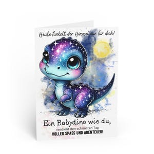 Dino Verjaardagskaart Sterrenmagie | Schattige baby-dino onder de sterren | Persoonlijke wenskaart voor kinderen