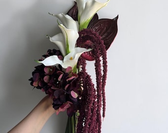 Real Touch Calla Lilien Kaskaden Brautstrauß Weiß Bordeaux Hochzeitsstrauß , 45 × 30 cm