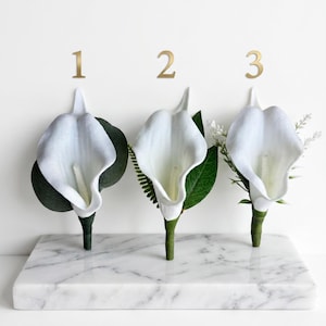 Könnte beinhalten: Drei weiße Calla-Lilien-Ansteckblumen, beschriftet mit den goldenen Zahlen 1, 2 und 3. Jede Ansteckblume besteht aus einer einzelnen weißen Blüte mit grünem Stiel und verschiedenen Blattakzenten, darunter dunkle Blätter, Farnwedel und kleine weiße Zweige.