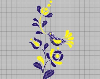 Blue and Yellow Ukrainian Folk Embroidery Design | Bird and Flower Digital File | Machine Embroidery Pattern