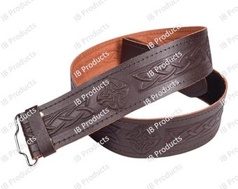 Cinturón de piel marrón repujado para falda escocesa, diseño de las Tierras Altas, sin hebilla