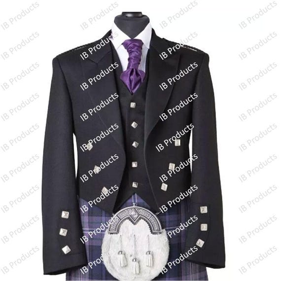 Men's Black Wool Prince Charlie Kilt Jacket Vest Scottish