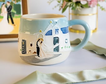 Personalized Photo Mug, Hand-Painted Ceramic with Raised Glaze, Wedding Portrait