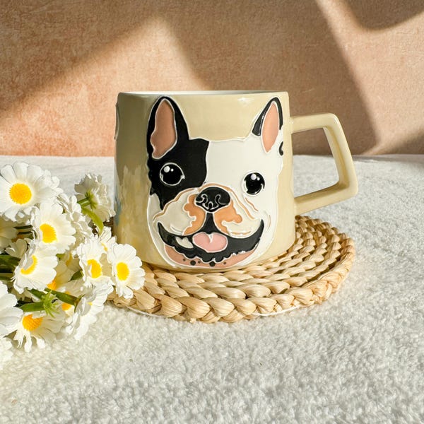 Custom Embossed Underglaze Paint Pet Mug | Handmade Ceramic Coffee Cup, Cat or Dog Portrait