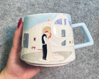 Taza de cerámica personalizada hecha a mano con retrato personalizado, esmalte en relieve 3D.