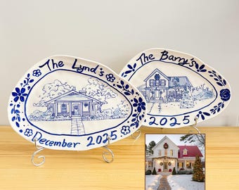 Personalized House Illustration Plate: Hand-Painted Ceramic Wall Art