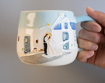 Mug de mariage fait main avec portrait, peinture sous émail sur céramique, souvenir personnalisé pour couple, émail en relief