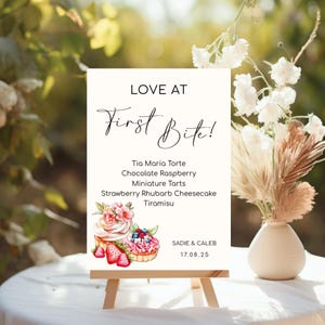 Liebe auf den ersten Biss Dessert Schild - wunderliche Hochzeitsmenüvorlage, bearbeitbares druckbares süßes Tischschild, DIY Sofort-Download - Sadie WDS1
