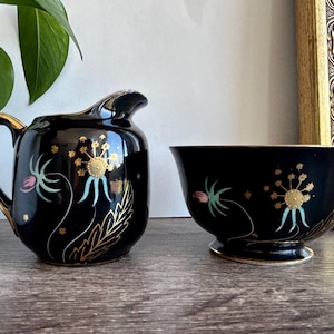 Magical Vintage Porcelain Black and Gold Flower Cream and Sugar Set, Hand-Painted, Made in Japan, 1950s