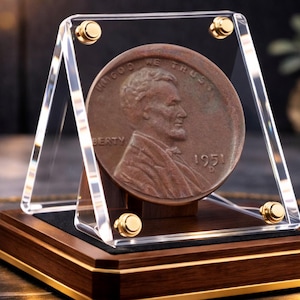May include: A 1951 Lincoln penny displayed in a clear acrylic case with gold-colored hardware. The penny is brown and features the profile of Abraham Lincoln. The case sits on a wooden base with gold trim.