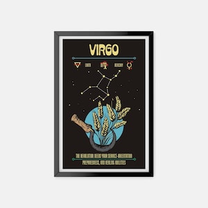 May include: A black and white illustration of the Virgo zodiac sign with the text "VIRGO" in yellow. The illustration includes the constellation, the symbol for Virgo, and the words "EARTH" and "MERCURY". The text "THE REVOLUTION NEEDS YOUR SERVICE-ORIENTATION PREPAREDNESS, AND HEALING ABILITIES" is also included.