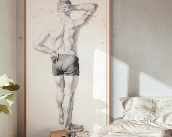 Study from Life // 19th Century Figurative Art Print, Vintage Male Portrait Drawing, Classical Beach Scene, Man in Bathing Suit Unframed Art