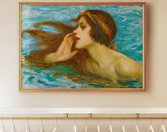 Vintage Mermaid Painting: Pre-Raphaelite Sea Maiden Art Print or Canvas