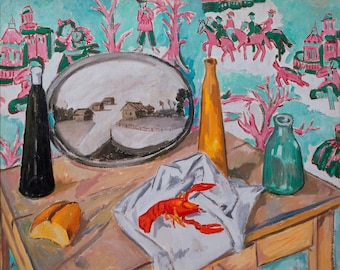 Still Life with Lobster // art print – fish wall art, coastal kitchen, nautical artwork, seafood painting, lobster art, fisherman core