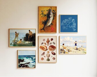 Nautical Art Print Set: Vintage Coastal Paintings, Shell & Seaweed Prints