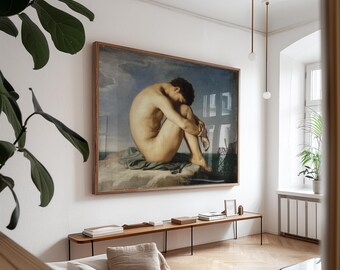 Jeune Homme Nu Assis au Bord de la Mer Art Print – Vintage Ocean Painting, Seated Nude, Antique Coastal Art, Classical Fine Art Reproduction