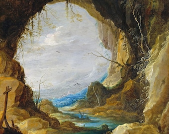 Vista from a Grotto Art Print //  Baroque Landscape Painting, Classical Fine Art Reproduction
